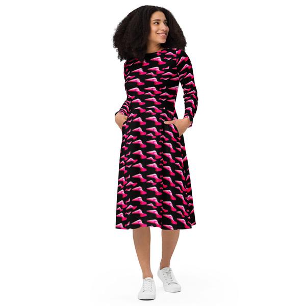 All-Over Print Long Sleeve Midi Dress