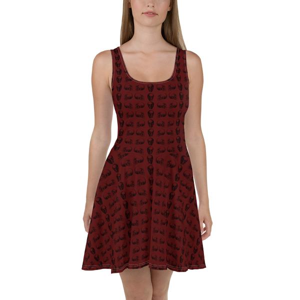 Burgundy Skulls- All-Over Print Skater Dress