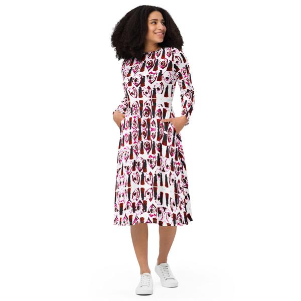 All-Over Print Long Sleeve Midi Dress