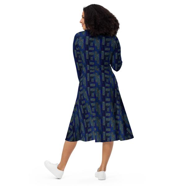 All-Over Print Long Sleeve Midi Dress