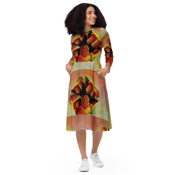 All-Over Print Long Sleeve Midi Dress