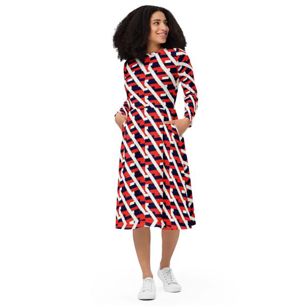 All-Over Print Long Sleeve Midi Dress