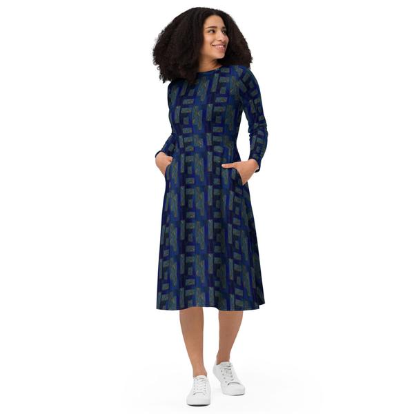 All-Over Print Long Sleeve Midi Dress