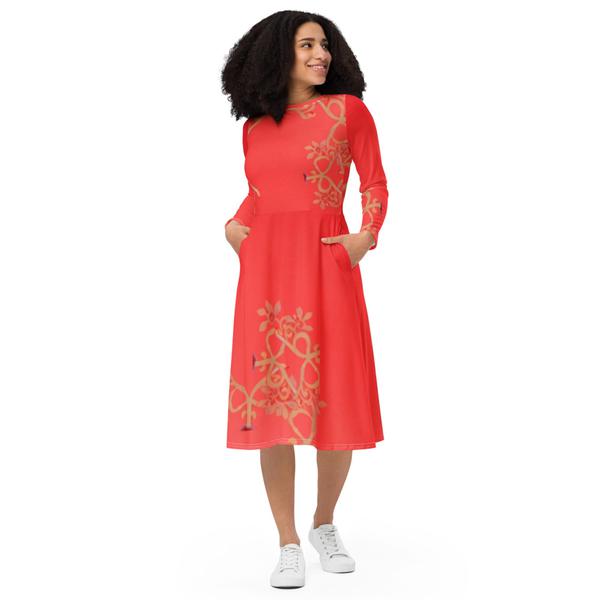 Janet Audrey Wilson Designs All-Over Print Long Sleeve Midi Dress