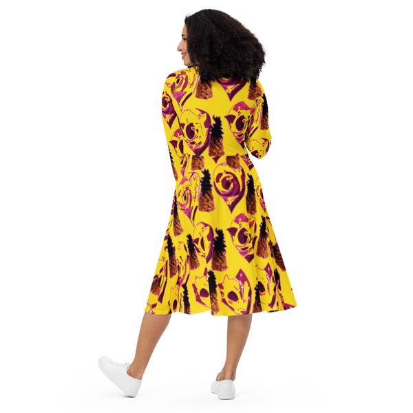 All-Over Print Long Sleeve Midi Dress