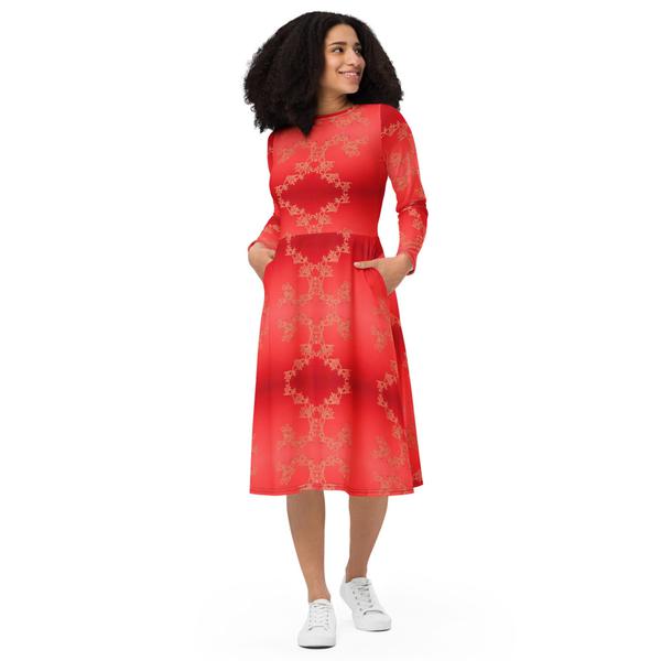 All-Over Print Long Sleeve Midi Dress