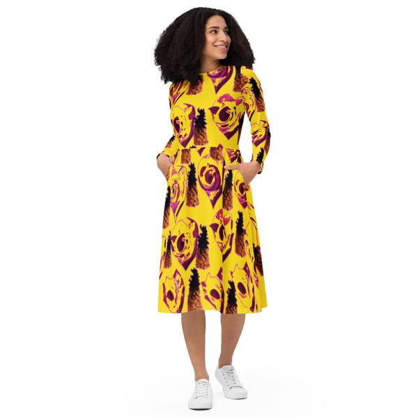 All-Over Print Long Sleeve Midi Dress