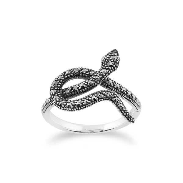 Art Nouveau Style Round Marcasite Snake Wrap Ring in 925 Sterling Silver