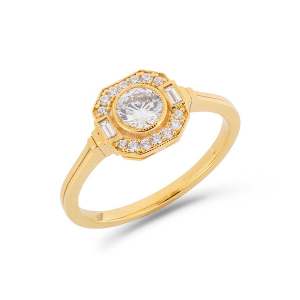 Asscher Art Deco halo diamond ring in yellow gold