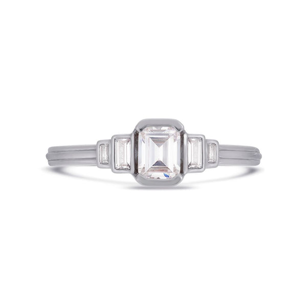 Deco cascading emerald & baguette cut diamond ring in platinum