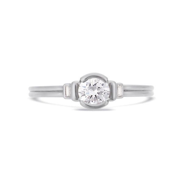 Deco brilliant cut solitaire diamond ring in white gold