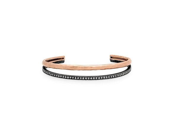 double bangle in 14k rose gold and oxidized silver with diamonds