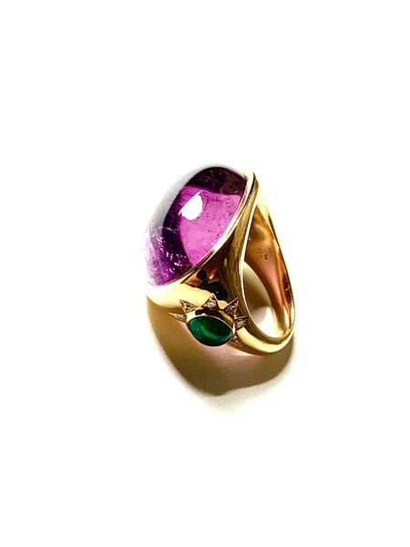 Rubellite Emerald Cabochon Ring