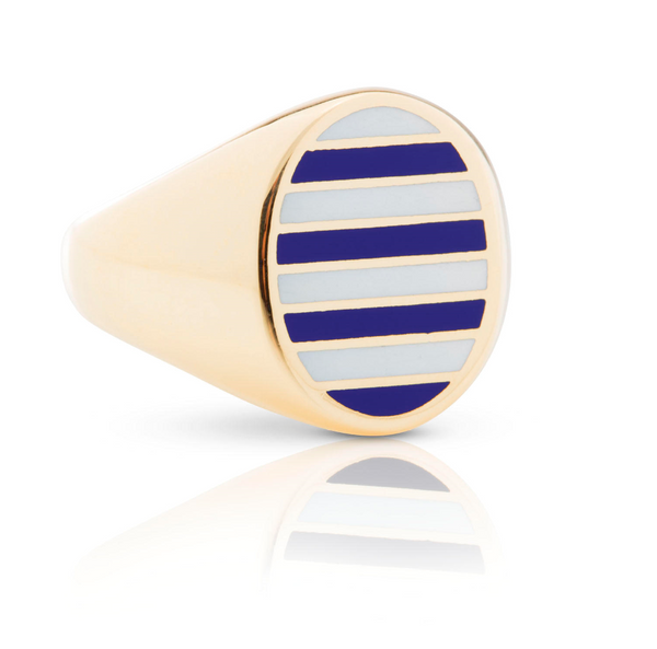 STRIPED OVAL SIGNET RING (navy and white band)