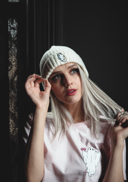 Ghost White | Ghostie Embroidered & Reversible Knit Beanie