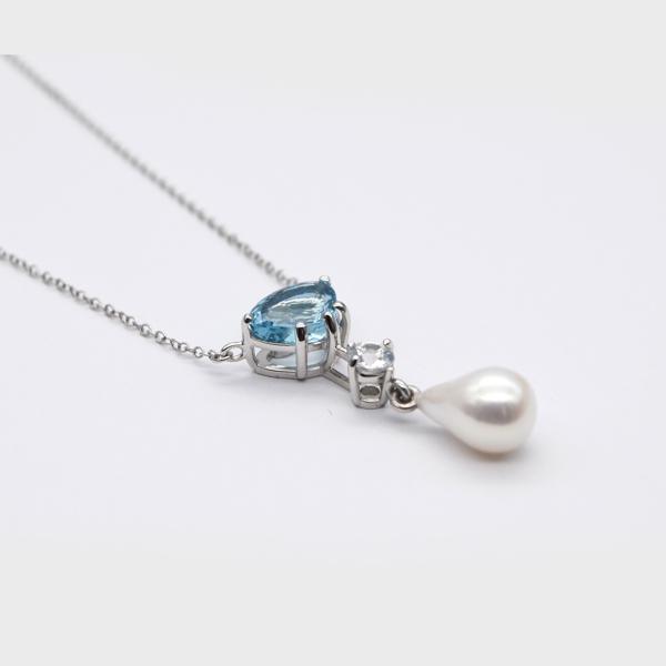 Aquamarine, White Zircon & Baroque Pearl Drop Necklace