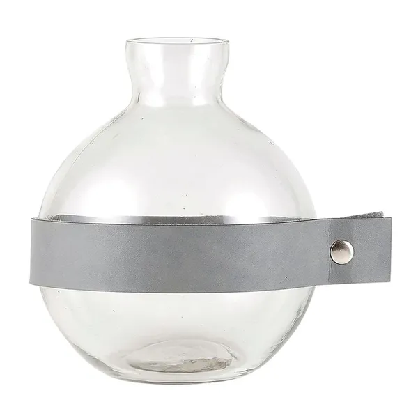 Round Glass Vase with Grey Leather | 9" Tall