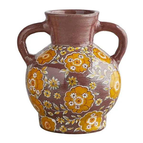 70s Style Floral Embossed Vase with Two Handles | Glazed Terracotta |