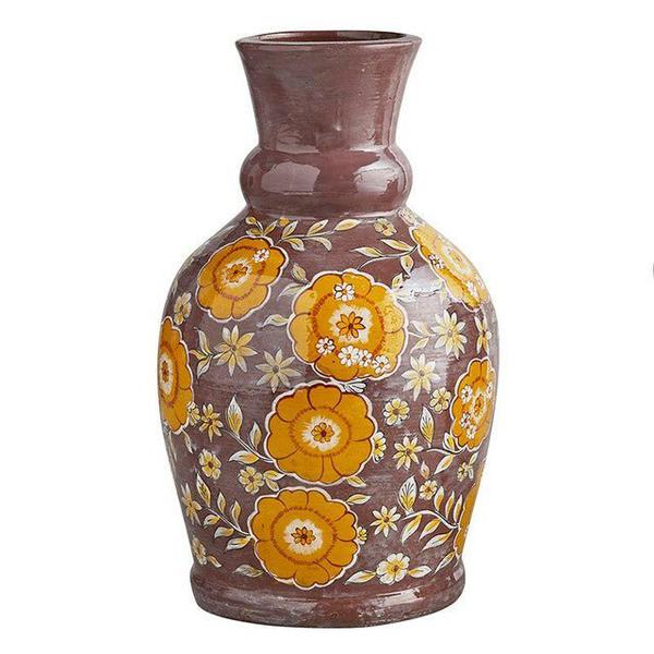 70s Style Floral Embossed Vase | Glazed Terracotta | 14" Tall