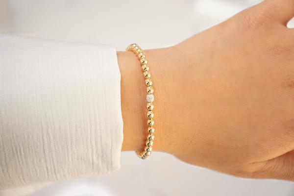 4mm 14k Gold And Diamond Ball On A Gold-Filled Beaded Bracele