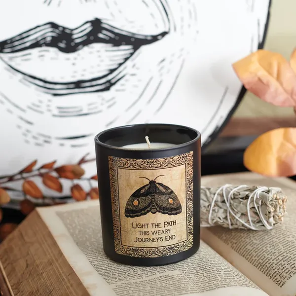 Light The Path Journey's End Jar Candle | Moth in Frosted Black Glass