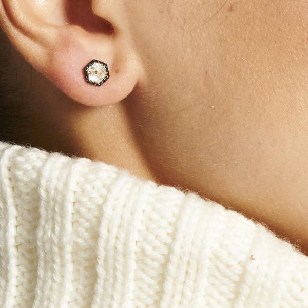 Hexagonal Black Diamond Stud Earrings