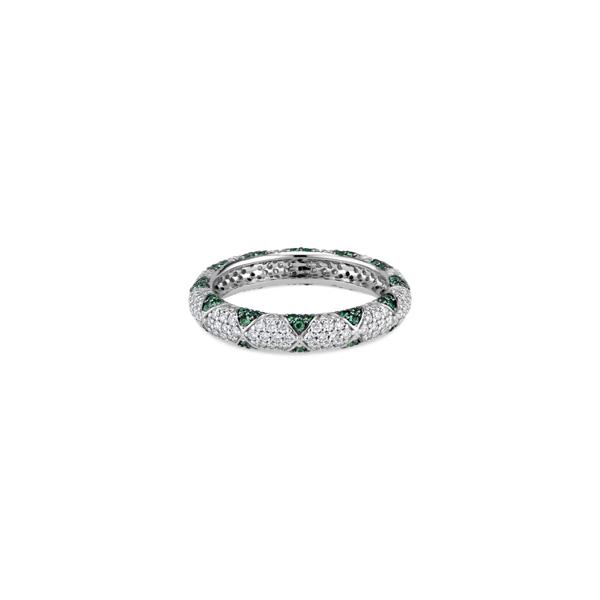 Lotus eternity band with emerald petals and pave diamonds