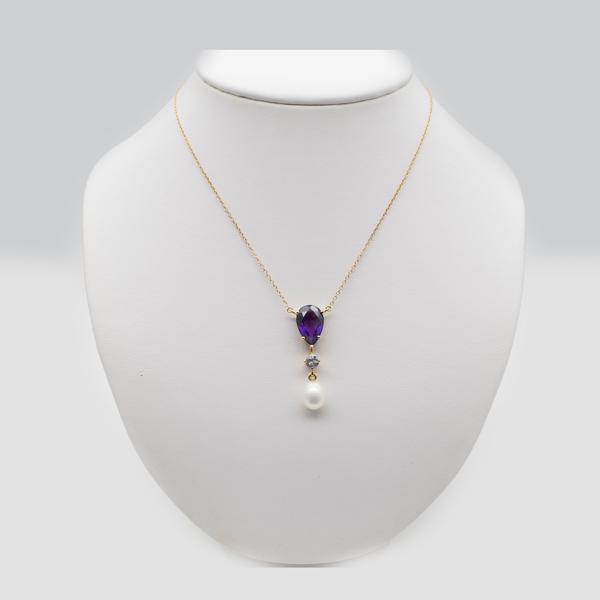 Amethyst, Zircon & Baroque Pearl Drop Necklace