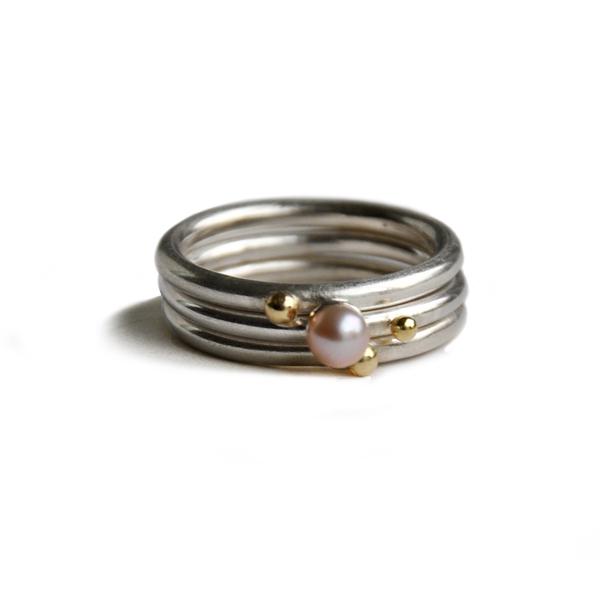 ORB stacking rings trio - silver, yellow gold & pearl