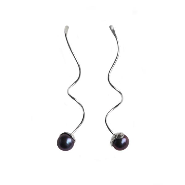 SILHOUETTE wave earrings, silver with black pearls