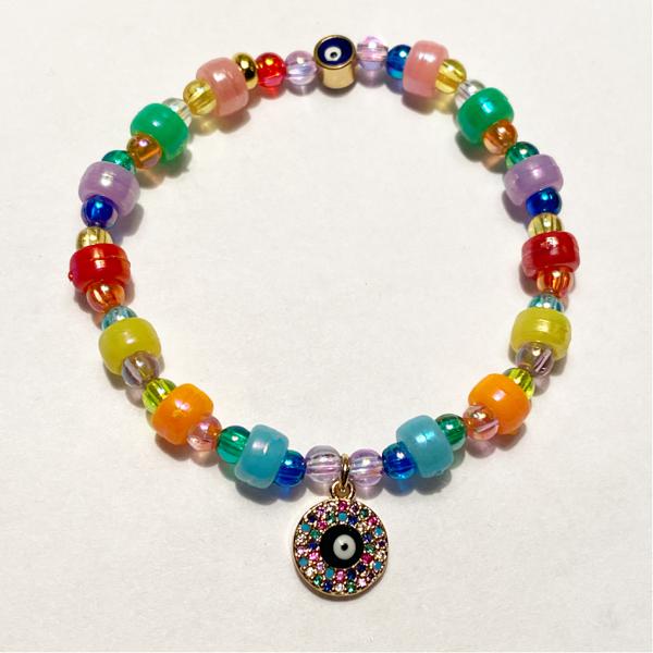 IRIDESCENT CANDY BEAD AND PAVE EVIL EYE Bracelet