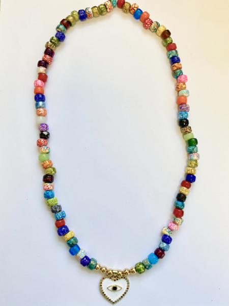 Marble Glass Bead Necklace with Evil Eye Heart