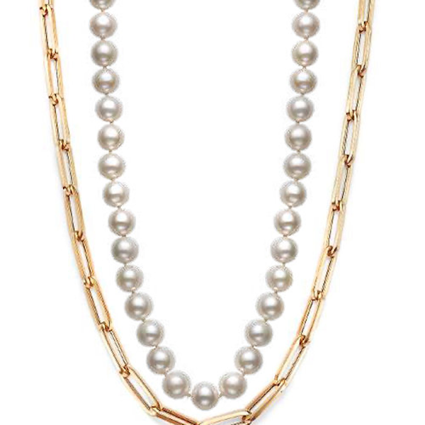 LARGE PAPER CLIP LINK AND PEARL DOUBLE CHAIN NECKLACE