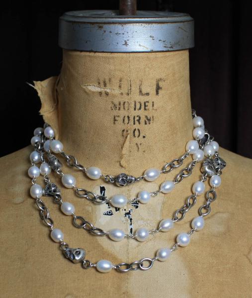 Calvary Skull and Pearls Flapper Necklace