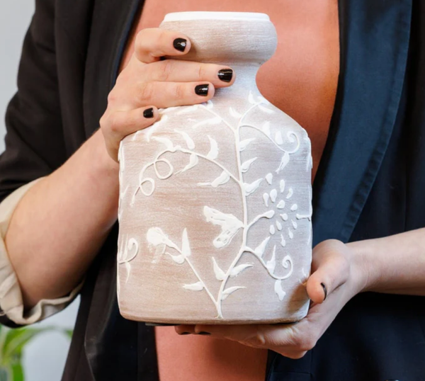 Floral Vase | Embossed Terracotta Short Vase | 9" Tall