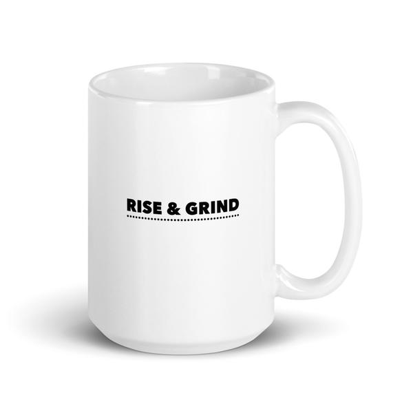 White glossy coffee mug rise and grind