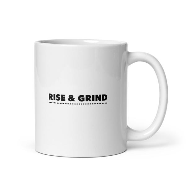 White glossy coffee mug rise and grind